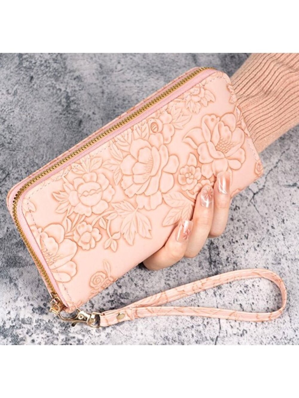 PU Leather Pink Floral Embossed Wallet With Wristlet Strap Zipper Closure Multip